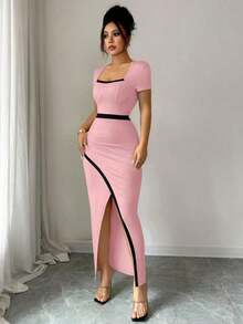 YHHRafferiza Nuevo vestido de Body ceñido con cuello cuadrado elegante y abertura en la cintura, estilo europeo y americano para mujeresYHH - Rosa Pálido - Ver 5