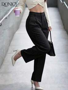 Pantalones rectos de cintura alta de unicolor con pliegues para mujer, suaves y cómodos, versátiles y elegantes para uso casual urbano, adecuados para uso diario casual, citas, fiestas, San Valentín, carnaval y oficina - Negro - Ver 10