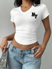 Camiseta de cuello en V con pliegues, estilo minimalista casual, con estampado del logo de Nueva York NY, adecuada para el verano, la vuelta al colegio, el estilo universitario y el estilo "old money" para la fiesta de bienvenida - Multicolor - Ver 5