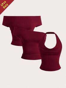 Tops ajustados de verano de diseño multifuncional de punto en azul marino para mujeres - Burdeos - Ver 1