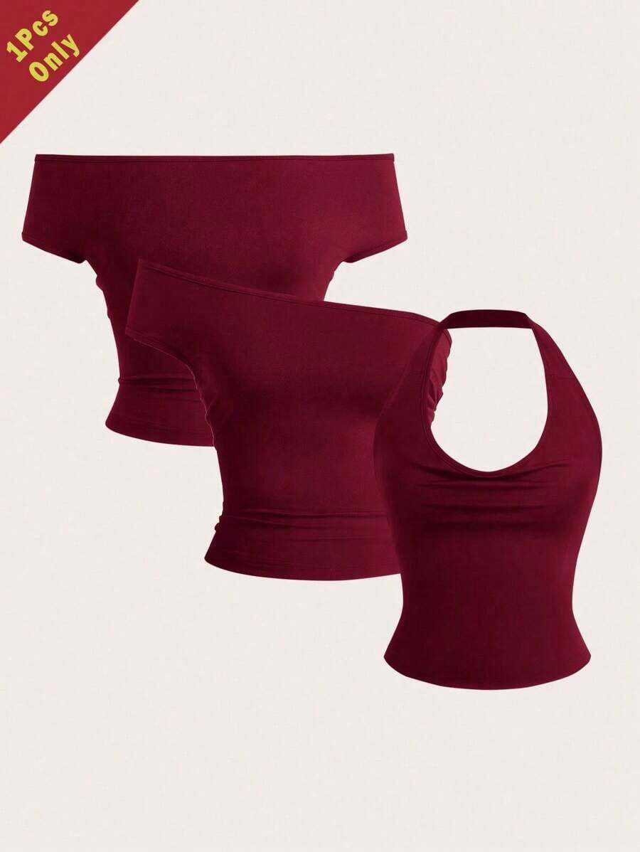 Tops ajustados de verano de diseño multifuncional de punto en azul marino para mujeres - Burdeos - Ver 1