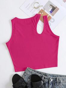 Top Sin Mangas De Punto Acanalado Con Hombro Cortado Sólido Para Verano - Rosa Fucsia - Ver 2
