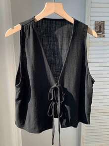 2026 Nuevo Top sin mangas con cuello en V, lazo delantero y bordado floral para mujer, ideal para vacaciones en la playa, uso casual, estilo Y2K de los 2000, primavera, graduación, fiesta de boda, vacaciones elegantes, San Valentín, carnaval, - Negro 2 - Ver 5