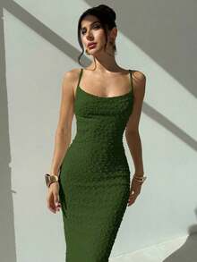 Vestido maxi elegante y romántico de color albaricoque con tirantes finos, cintura recogida, ajuste ceñido y tela texturizada con abertura, adecuado para bodas/citas, primavera/verano - Verde - Ver 5