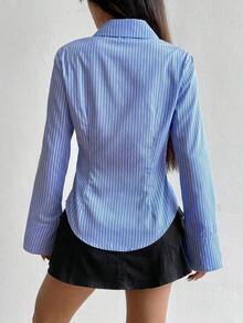 Camisa de manga larga casual a rayas que ciñe la cintura, apta para primavera/verano/otoño, tops de manga larga - Azul - Ver 2