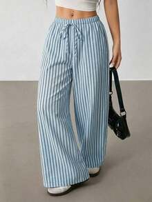 Pantalones casuales anchos de pierna ancha con rayas para mujer - Azul - Ver 4