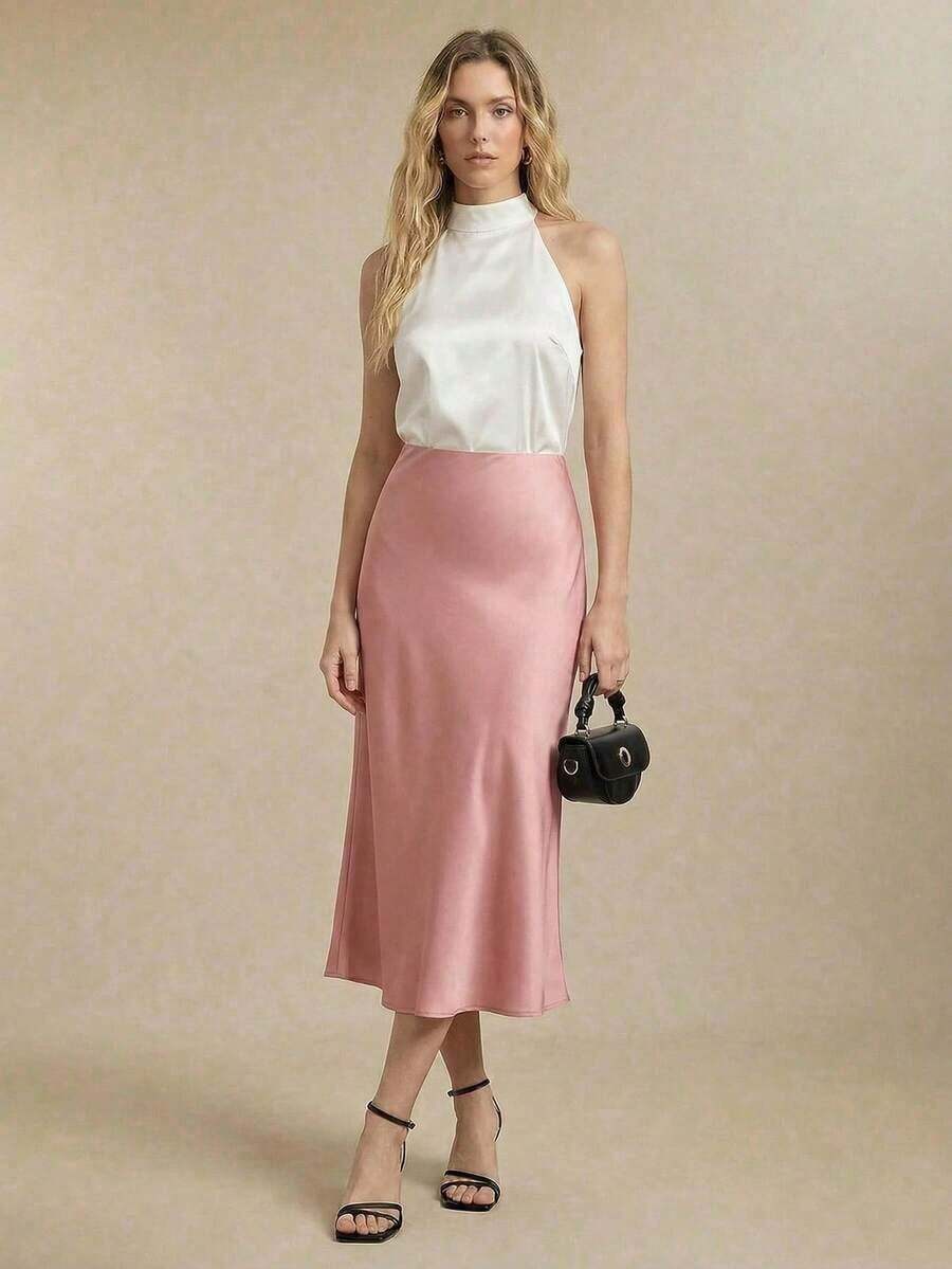 Falda básica de corte A para mujer, adecuada para ir al trabajo, negocios, uso casual, oficina, atuendo formal elegante para damas, otoño - Rosa - Ver 1