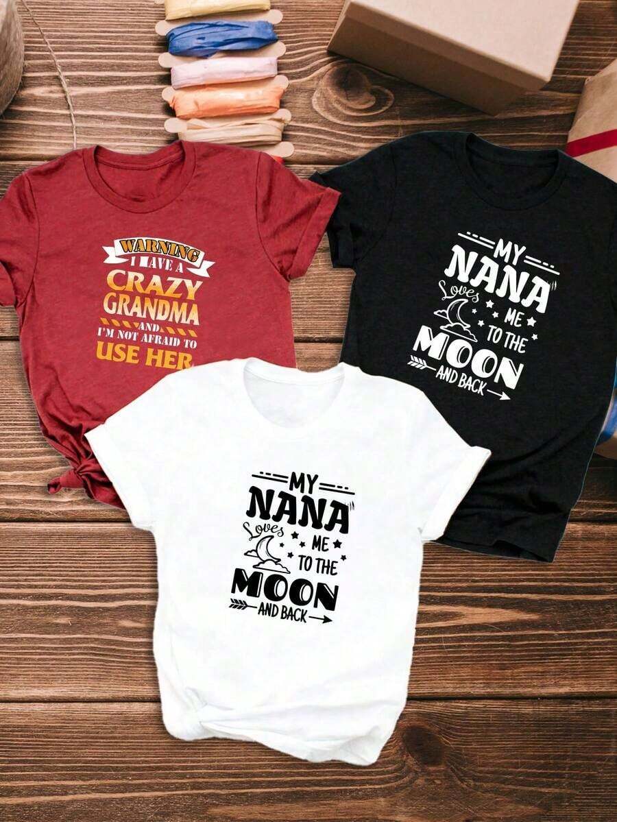 Set Of 3, Unit 1 Fashion Item: Women's Casual Short Sleeve T-Shirt With "My Grandma Loves Me To The Moon And Back" Print, Women's Round Neck Short Sleeve T-Shirt, Pure Cotton Breathable Casual Sports Top, Holiday Gift, Spring Butterfly Design T-Shirt For Easter. - 黑色 - 查看 1