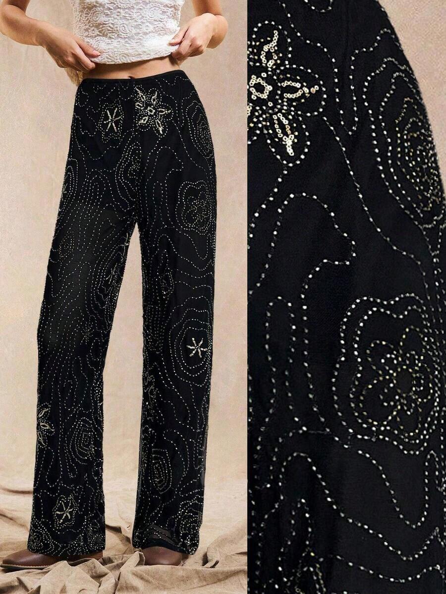 Pantalones rectos holgados de estilo bohemio con patrón de cuentas en color marrón para mujer, de verano - Negro - Ver 1