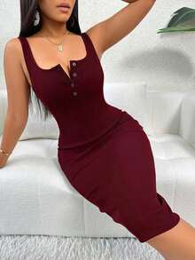 Vestido largo de verano informal de unicolor, de corte ceñido y sin mangas para mujer - Burdeos - Ver 9