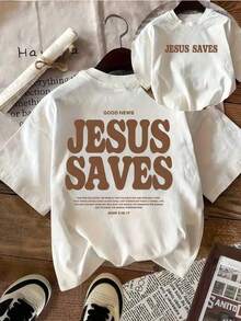 Camiseta de manga corta con cuello redondo para mujer - Estampado frontal y trasero "JESÚS TE AMA" y Escritura de Juan 419, blanca con letras rosas, ropa casual de inspiración cristiana, lavable a máquina, comodidad para el día a día, diseño de texto en negrita, ajuste cómodo. - Blanco 2 - Ver 1