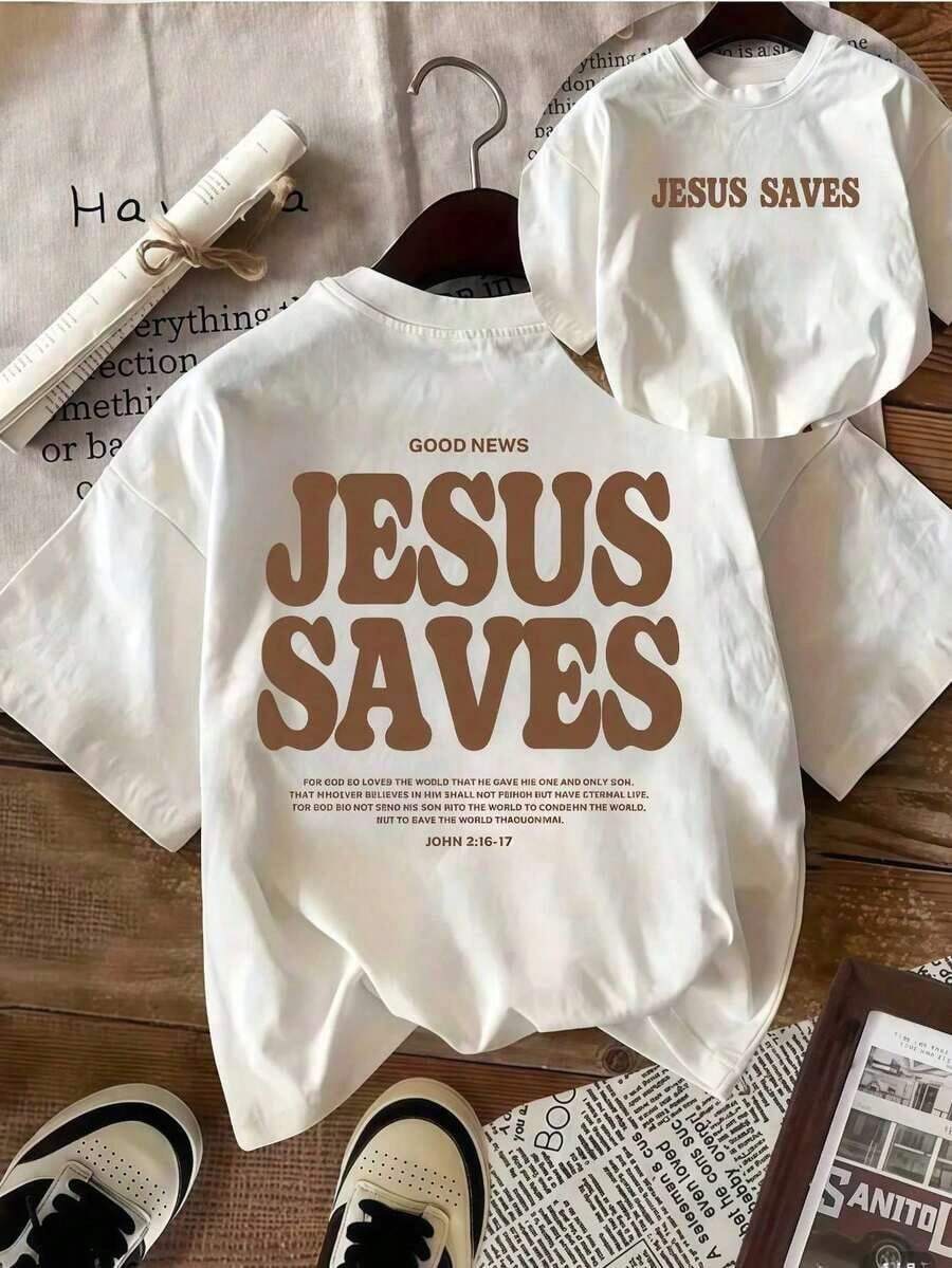 Camiseta de manga corta con cuello redondo para mujer - Estampado frontal y trasero "JESÚS TE AMA" y Escritura de Juan 419, blanca con letras rosas, ropa casual de inspiración cristiana, lavable a máquina, comodidad para el día a día, diseño de texto en negrita, ajuste cómodo. - Blanco 2 - Ver 1