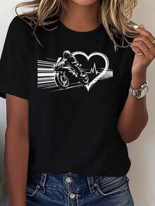 Women's Sets Women's T-Shirt With Graphic Motorcycle And Heartbeat Print, Short Sleeve, Round Neck, Casual Top For Summer And Spring, Women's Clothing, Women's T-Shirts - 黑色 - 查看 7