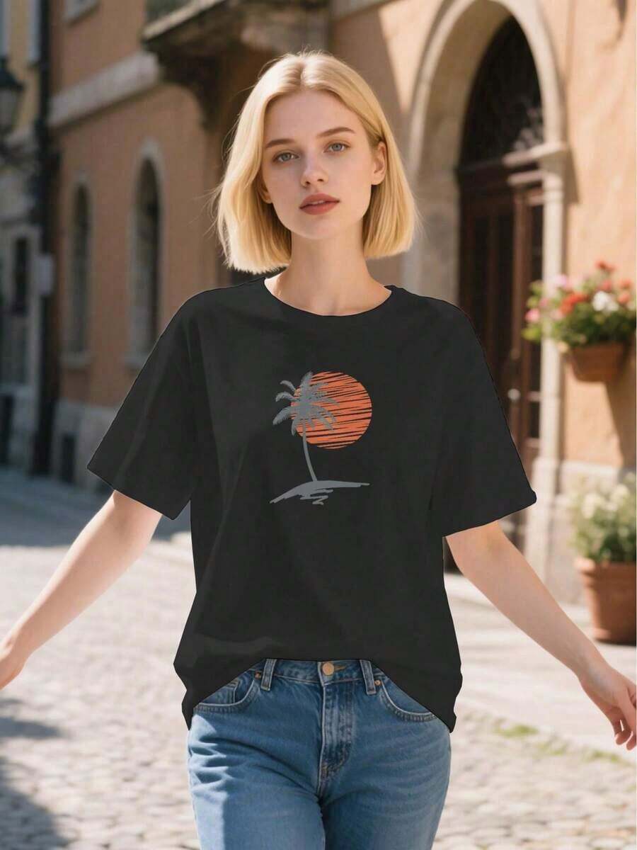 Men's And Women's Tropical Palm Tree And Sunset Print T-Shirt - Orange-Yellow Gradient, Loose Fit, Beach Vacation T-Shirt, Casual Everyday Wear And Tropical Getaways - Unisex T-Shirt - 黑色 - 查看 1