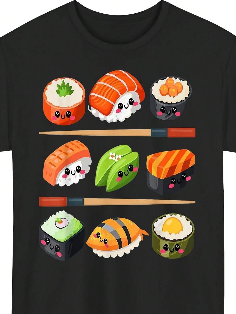 Kawaii Anime Happy Sushi Set | Short Sleeve T-Shirt For Japanese Food Lovers And Otakus | Same Style For Men And Women | Printed Short Sleeve T-Shirt For Summer 2025 | Pure 220G | Crew Neck, Regular Fit, For All Seasons, Vintage Style | Exquisite Design | Loose And Comfortable | Easy To Match | - 黑色 - 查看 1