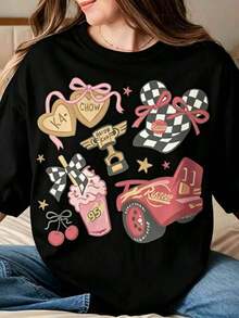 Soft R Coquette B1Ows S1Hirt, Rusteze C1Ars, Piston Cup, C1Ars T S1Hirt, Land Familhir. Women's 100% Cotton Crew Neck T-Shirt. Suitable For Everyone, Whether Women Or Men. Durable, High-Quality Fabric Suitable For All Seasons, Soft To The Touch But Designed To Last. Breathable Tops. Autumn Outfits For Women. Holiday Outfits For Women. New Year's Costume For Women. Oversized Printed T-Shirt For Women, Casual Summer Pattern - 黑色 - 查看 7