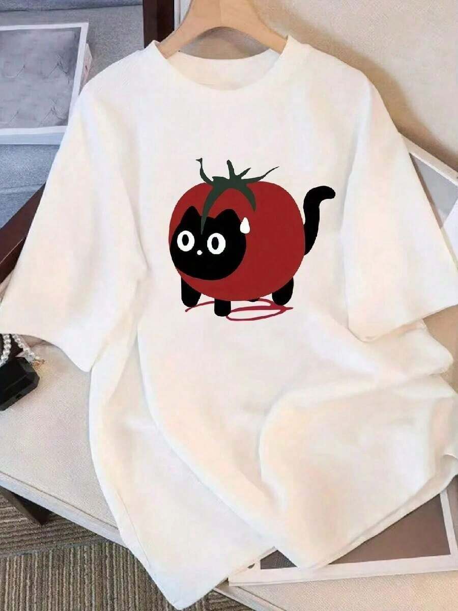 Summer Clothes, Children's Short Sleeve T-Shirt With Cat And Tomato Print, Round Neck, Casual, Breathable And Comfortable, High Quality Children's Clothing - 白色 - 查看 1
