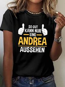T-Shirt With "Only Andrea Can Look This Good" Print, Short Sleeves And Round Neck, Casual Top For Summer And Spring, Women's Clothing - Black - View 1