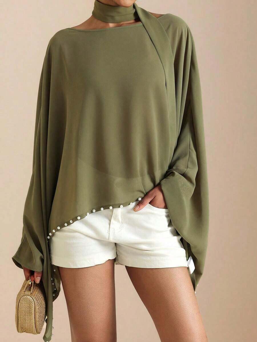 Veneréa Blusa casual suelta para mujer con mangas tipo murciélago asimétricas, hombros descubiertos, decoración de cuentas y tela de gasa, estilo romántico y casual para vacaciones - Verde - Ver 1