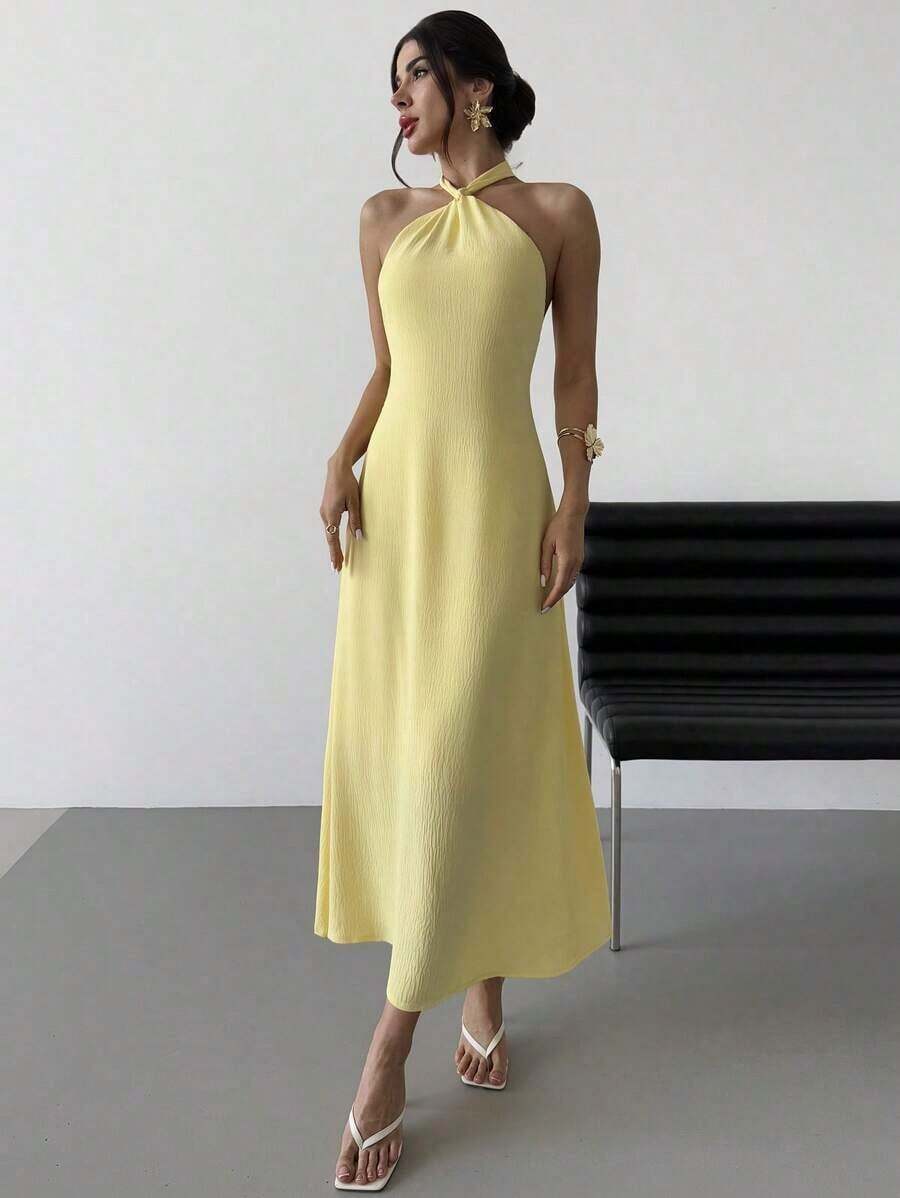 Vestido largo suelto sin mangas y sin espalda, elegante para vacaciones y fiestas, romántico y de moda para el verano, la playa - Amarillo claro - Ver 1