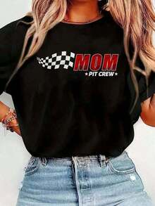 Women's Casual Short-Sleeve Crew Neck T-Shirt With Racing Team Print, Perfect For Matching Family Birthdays, Cotton, Spring And Summer Wear. Women's JPG Graphic T-Shirts, Crop Tops, Summer Sets For Women, Summer T-Shirts, Fashionable Breathable T-Shirt - 黑色 - 查看 1