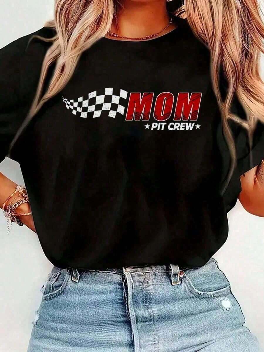Women's Casual Short-Sleeve Crew Neck T-Shirt With Racing Team Print, Perfect For Matching Family Birthdays, Cotton, Spring And Summer Wear. Women's JPG Graphic T-Shirts, Crop Tops, Summer Sets For Women, Summer T-Shirts, Fashionable Breathable T-Shirt - 黑色 - 查看 1