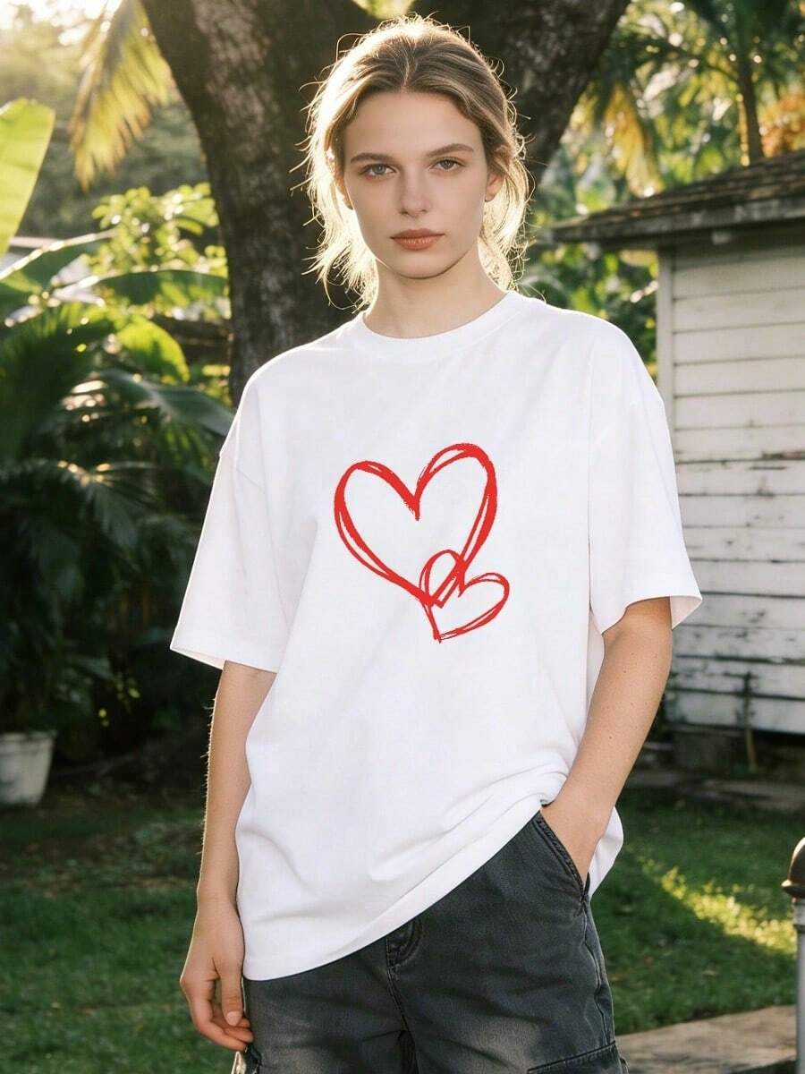 Ropa de Verano para Mujer, Camiseta Casual de Algodón Suave con Cuello Redondo, Estampado de Corazones Superpuestos. Color negro. - Blanco - Ver 1