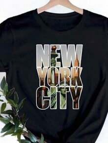 Diseño Simple y Versátil, Estilo Harajuku Navideño, Camiseta de Manga Corta para Mujer, Estampado de Anime con Patrón de Nueva York, Cuello Redondo, Corte Holgado, 100% Algodón, Primavera/Verano - Negro - Ver 1