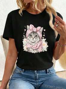 permeability2026Camiseta de mujer con estampado floral de gatito adorable, cuello redondo, corte relajado, estilo casual, ajuste cómodo, estampado llamativo.coolspacious - Negro - Ver 6