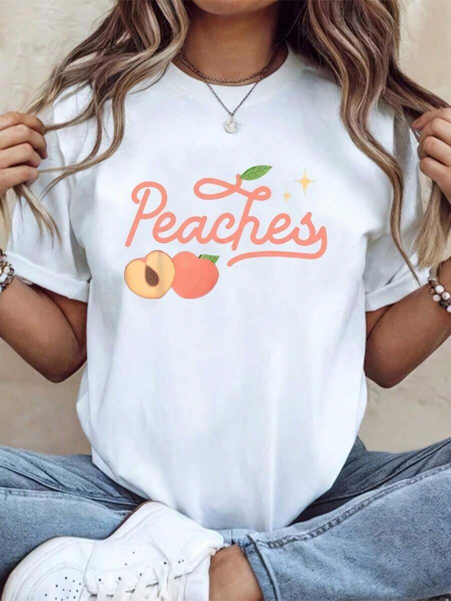 Camiseta Casual para Mujer, Manga Corta, Estampado Gráfico de Frutas (Melocotones), Camiseta Casual de Verano, Tela Cómoda, Perfecta como Regalo, 220G, 100% Algodón, Duradera - Blanco - Ver 1