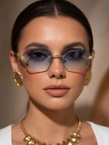 1 paire de lunettes de mode à monture carrée sans cadre avec verres bleus - Doré - Voir 3