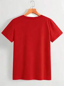 Camiseta de Lujo para Mujer con la Letra "Blessed" en Relieve, Corte Holgado, Cuello Redondo, Manga Corta, Suave, Amigable con la Piel, Transpirable, Duradera. |   Diseño minimalista |   Impresión de alta definición con estampado dorado, estilo religioso de gratitud, adecuada para el transporte diario, regalos navideños y uso multiusos. NEIA - Rojo - Ver 3