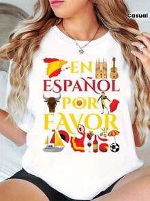 Camiseta ajustada de cuello redondo para mujer con estampado de recuerdos de viajes y vacaciones en España - Adecuada para uso diario, vacaciones, fiestas. - Blanco - Ver 8