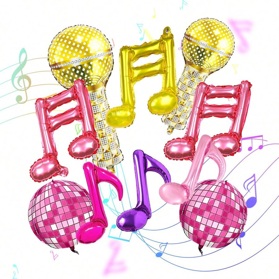 Set de 10 globos con tema musical, incluye globos con micrófono, bola de discoteca y notas musicales doradas/rosas/moradas de papel de aluminio, adecuado para decoración de fiesta de cumpleaños con tema de música K-pop, fiesta de cumpleaños de niños/niñas, fiesta de cumpleaños de adolescentes, decoración con tema de karaoke, fiesta de cumpleaños con tema de discoteca de los 80, baile de graduación con tema de noche estrellada, decoración para celebración de Año Nuevo - Multicolor - Ver 1