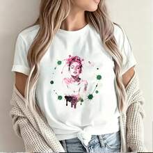 Elegant Watercolor Art Print for Women's Short Sleeve T-Shirt Featuring Abstract Paint Splashes and Stylish Design Perfect for Casual Wear in Mexico - Blanco - Ver 2