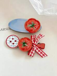 4pcs Girls Delicate Sweet INS Style Versatile Hair Clips, Cartoon Tomato Creative Design Side Bangs Clips - Multicolor - View 5