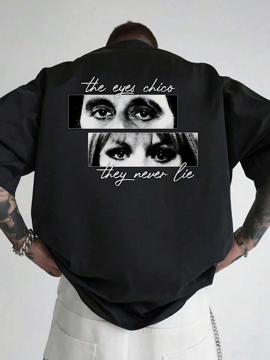 Camiseta gráfica de la película para hombres - Impresión trasera de Tony Montana con citas de "Los ojos lo tienen" y "Ellos nunca mienten" - Camiseta casual de cuello redondo y manga corta - Camiseta suelta, casual y versátil de verano - Negro - Ver 1