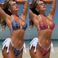 Nuevo y sensual bikini de dos piezas con cadena metálica, estampado de leopardo y diseño de bloques de color. - Rojo - Ver 2