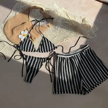 Traje de Baño Bikini de Tres Piezas a Rayas, Sexy y a la Moda, 2026 - 9368 Juego de tres piezas negro - Ver 12