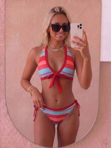 August vacation Women's Colorful Striped Print Sexy Bikini Swimwear, Random Print Beach Holiday Swimwear, Summer Vacation - Multicolor - View 3