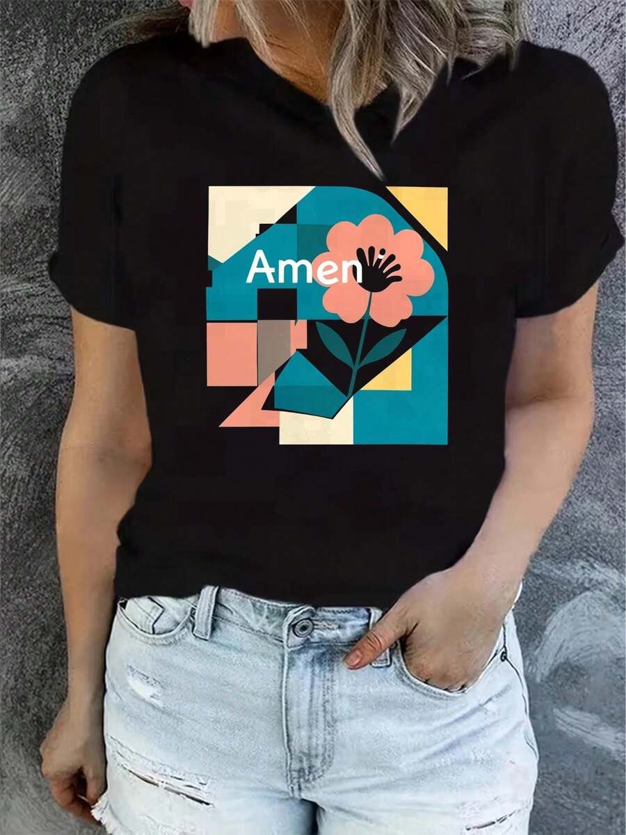 Camiseta de Verano de Manga Corta para Mujer, Estampada, Moderna y Casual, Lavable a Máquina, Ajuste Cómodo con Estampado Plano 2D. TKEQ - Negro_03 - Ver 1