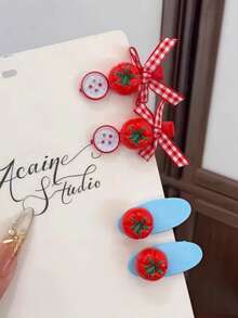 4pcs Girls Delicate Sweet INS Style Versatile Hair Clips, Cartoon Tomato Creative Design Side Bangs Clips - Multicolor - View 9