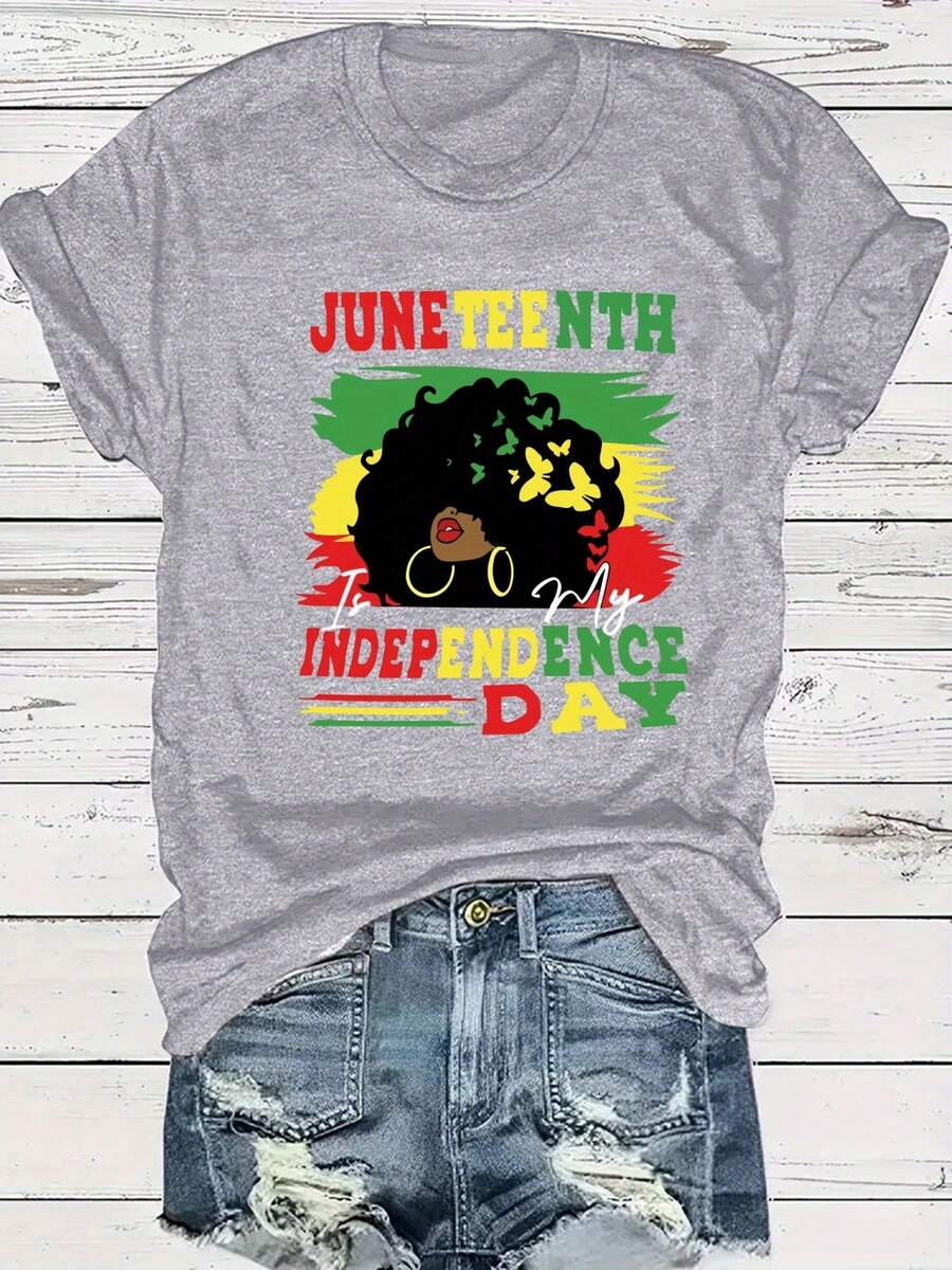 Women's Plus Size Casual T-Shirt With Crew Neck And Vibrant Juneteenth Independence Day Graphic Print, Short Sleeve, Loose Fit, Polyester, Summer And Spring Clothing, Casual Wear | Graphic Print Top | Comfortable Fit, Ladies' T-Shirts - 淺灰色 - 查看 1