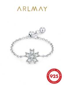 1 pieza Anillo ajustable de flor delicada de plata de ley 925, estilo minimalista, joyería de regalo de compromiso - Plateado - Ver 1
