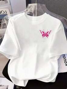 Under The Radar Women's Plus Size Crew Neck T-Shirt, A Versatile And Sweet Style, Featuring A Purple Openwork "Butterfly Totem" Print On The Front And Back. Suitable For All Seasons, Machine Washable, Soft Against The Skin, Ideal For Everyday Outings, Social Gatherings, And Casual Occasions. Butterfly-Themed Item. 100% Cotton. Vintage Street Style Unisex Loose Cotton Short Sleeve Crew Neck T-Shirt - 白色 - 查看 2