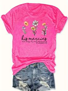 Camiseta con Estampado Floral, Manga Corta, Cuello Redondo, Top Casual, Ropa de Mujer - Rosa Fucsia - Ver 6