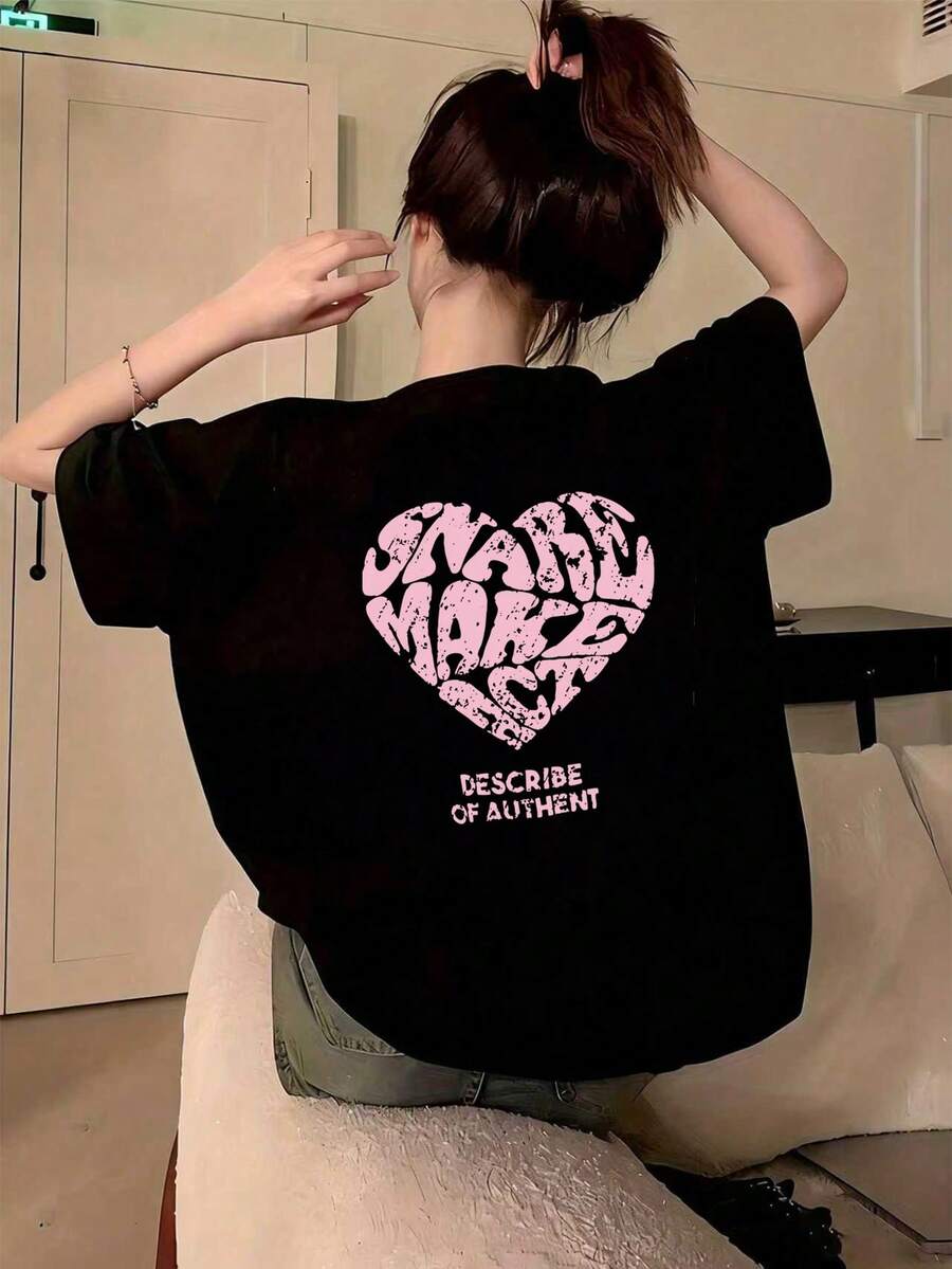 女款圓領短袖T恤，夏季新款愛心圖案與字母印花，時尚休閒百搭寬鬆上衣，黑色 - 黑色 - 查看 1
