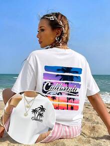 Versatile Summer Casual Sports T-Shirt For Women, Featuring A Sunset Palm Tree Print And A Retro West California Style, Suitable For Everyday Wear At Home, Outings, Or As A Gift. - 白色 - 查看 6