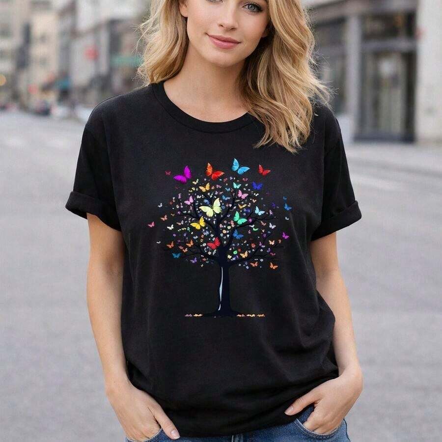 Women's Casual Cotton T-Shirt, Short Sleeve And Round Neck, With Colorful Tree And Butterfly Print, Loose Fit And Basic For Everyday Wear, Comfortable, Soft And Breathable Fabric, Graphic T-Shirt For Summer Fashion. - 黑色 - 查看 1