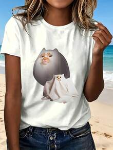 Cute Cat And Ghost Print T Shirt With Fashion Design Trendy Casual Wear For Beach Outing Perfect Gift For Cat Lovers - Blanco - Ver 1